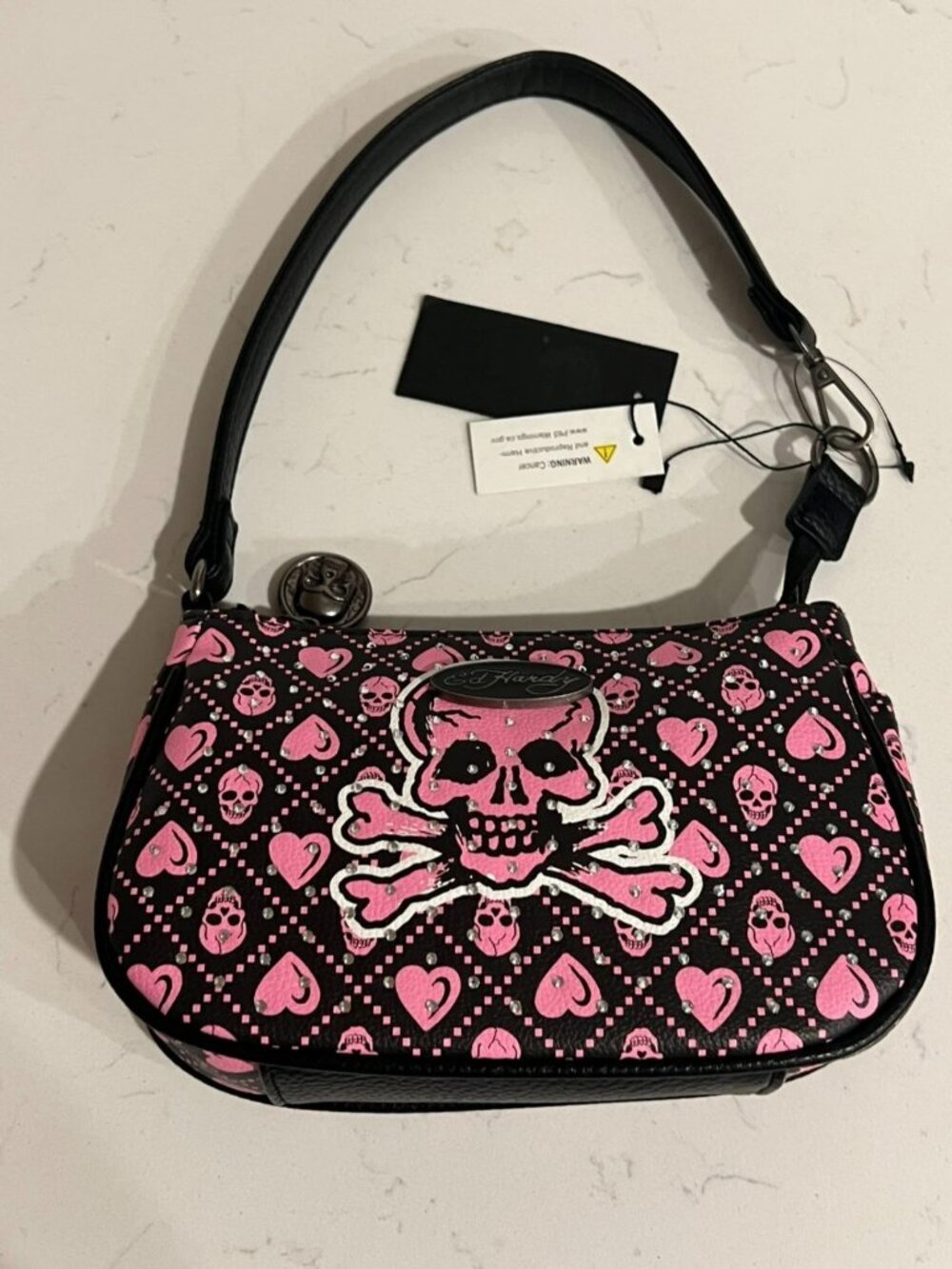 ED HARDY Black Pink Skull Heart Rhinestone Mini Shoulder Bag Purse Grunge Y2K